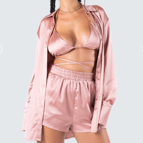 Pants - 2 Piece Rose Pink Satin Shorts and Triangle Bikini Top Set No Jacket String Tie